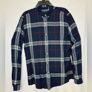 Zara Man Plaid Relaxed Fit Shirt Size M, Dark Navy Blue/ Grey/Red
